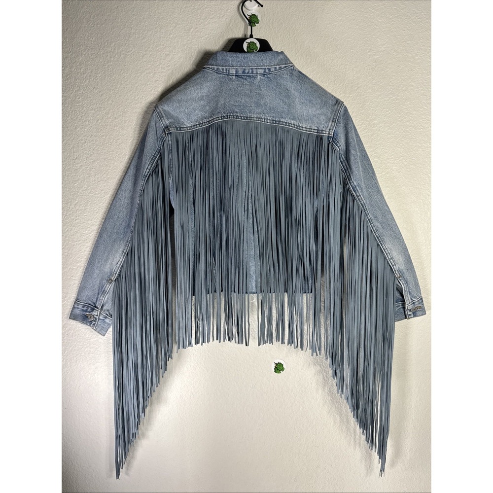 LEVIS Ex Boyfriend Western Fringe Blue Denim Jean Trucker Jacket XS Festival